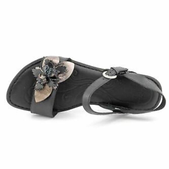 Born Yuki Flower Detail Leather Black & Metallic Sandals Size 8 Dressy Boho - Picture 1 of 12